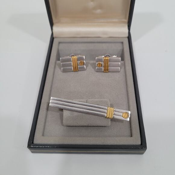 Dunhill Vintage Cufflinks Tie Clasp Clip Bar Set Silver Gold Striped Logo Box - Picture 2 of 16